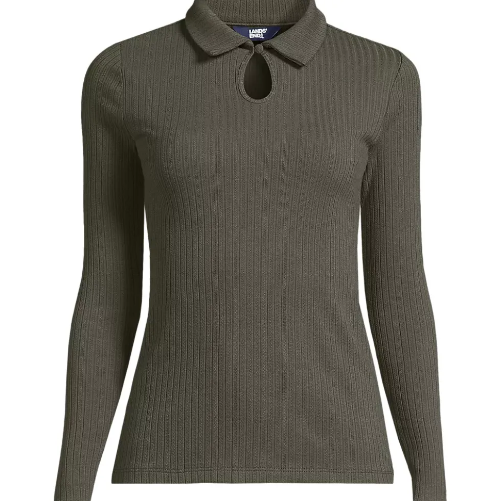 Women's Long Sleeve Pointelle Rib Keyhole Polo Top