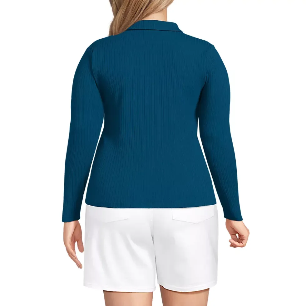 Women's Long Sleeve Pointelle Rib Keyhole Polo Top
