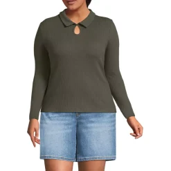 Women's Long Sleeve Pointelle Rib Keyhole Polo Top