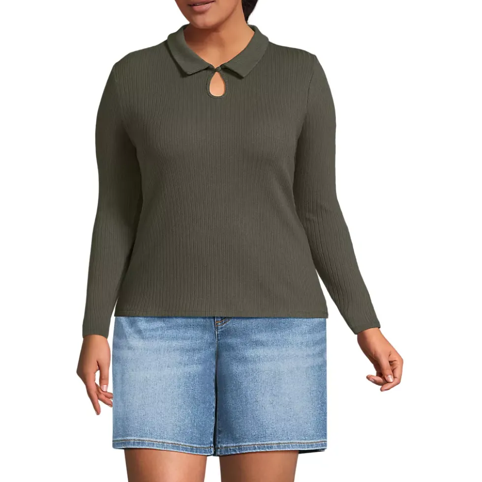 Women's Long Sleeve Pointelle Rib Keyhole Polo Top