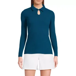 Women's Long Sleeve Pointelle Rib Keyhole Polo Top