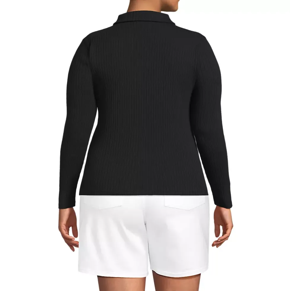 Women's Long Sleeve Pointelle Rib Keyhole Polo Top