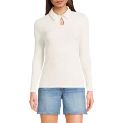 Women's Long Sleeve Pointelle Rib Keyhole Polo Top