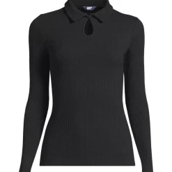Women's Long Sleeve Pointelle Rib Keyhole Polo Top