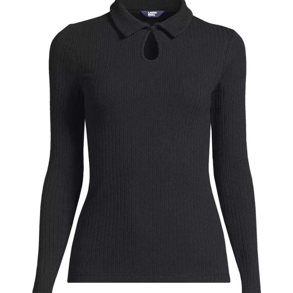 Women's Long Sleeve Pointelle Rib Keyhole Polo Top