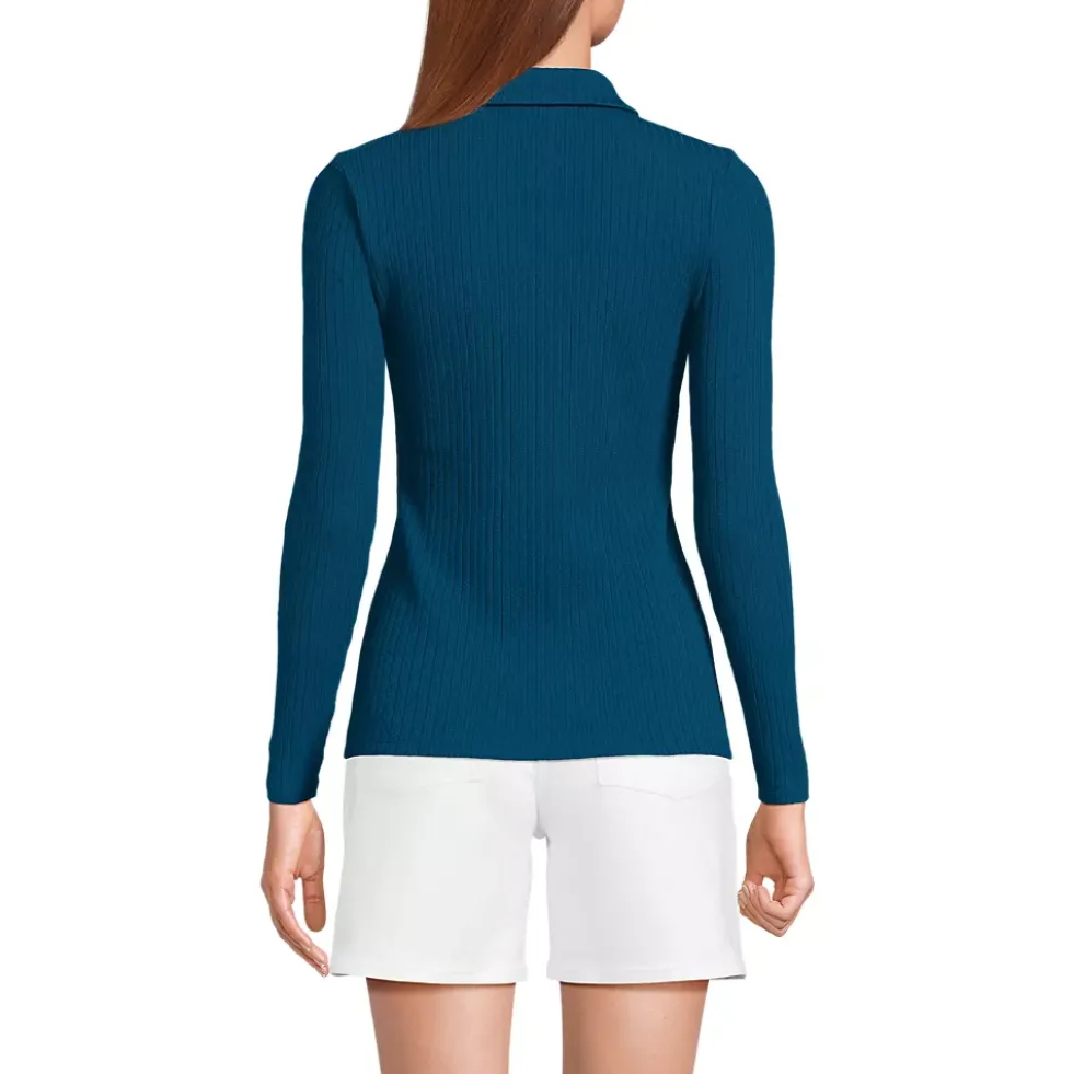 Women's Long Sleeve Pointelle Rib Keyhole Polo Top