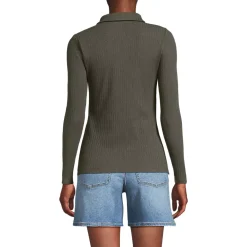 Women's Long Sleeve Pointelle Rib Keyhole Polo Top