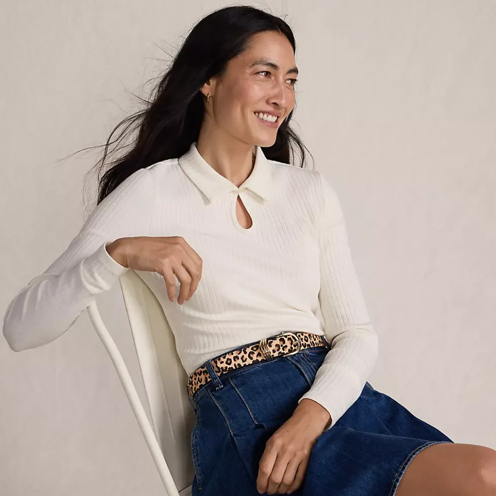 Women's Long Sleeve Pointelle Rib Keyhole Polo Top