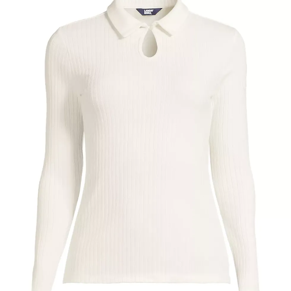 Women's Long Sleeve Pointelle Rib Keyhole Polo Top