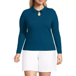 Women's Long Sleeve Pointelle Rib Keyhole Polo Top
