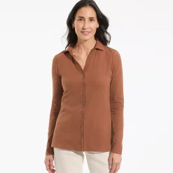 Women's Long Sleeve Polished Rib Button Through Tunic Shirt