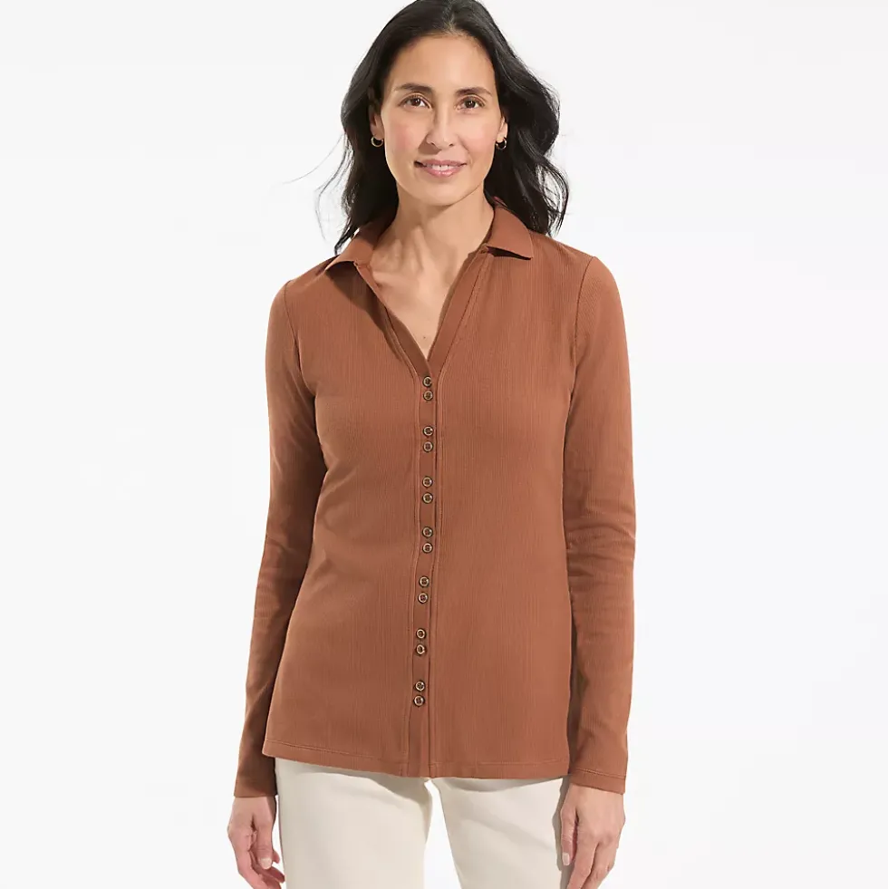 Women's Long Sleeve Polished Rib Button Through Tunic Shirt