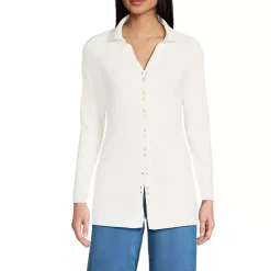 Women's Long Sleeve Polished Rib Button Through Tunic Shirt