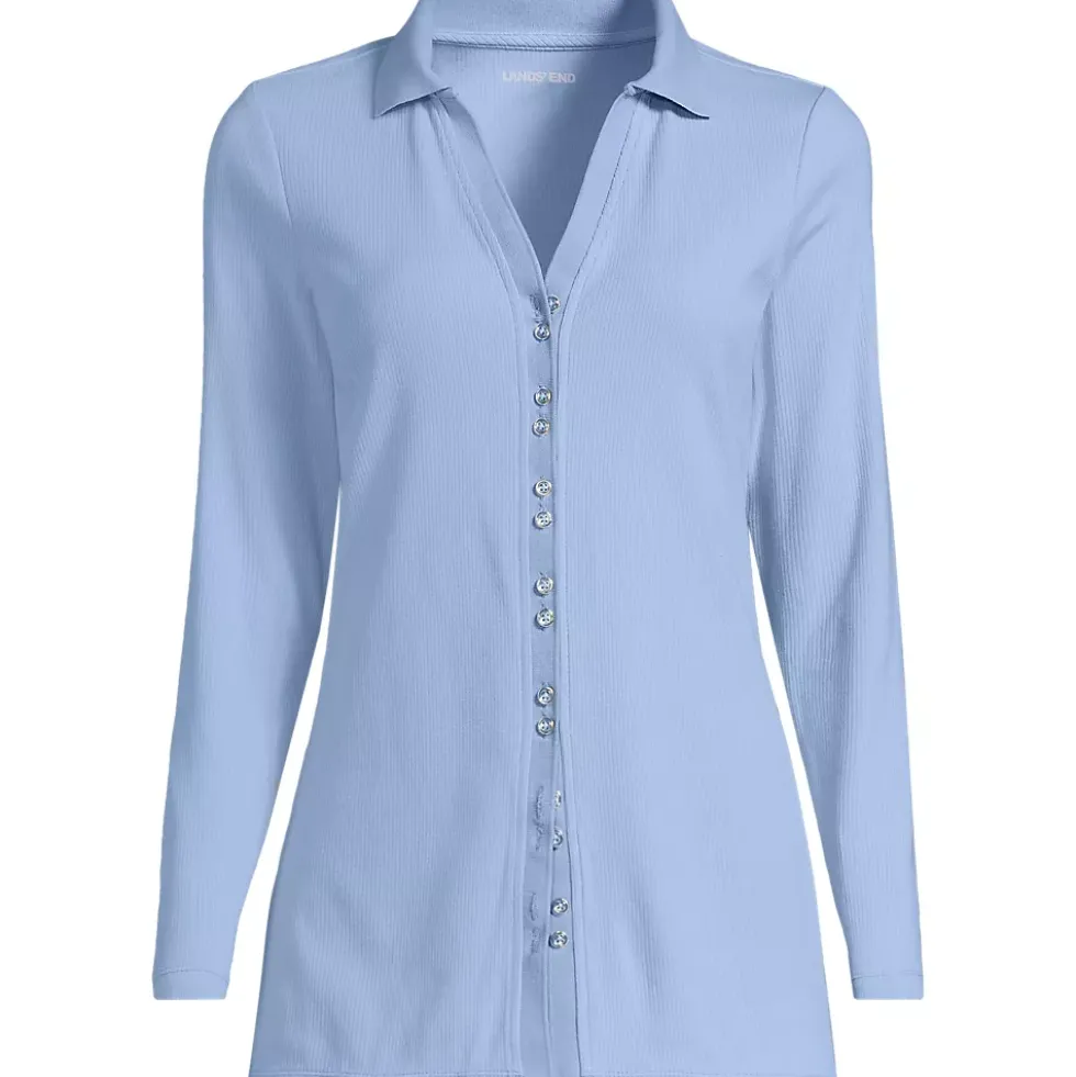 Women's Long Sleeve Polished Rib Button Through Tunic Shirt