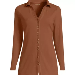 Women's Long Sleeve Polished Rib Button Through Tunic Shirt