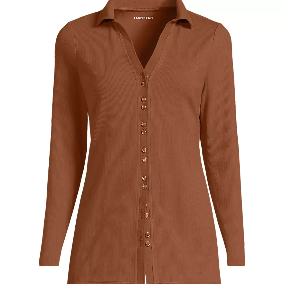 Women's Long Sleeve Polished Rib Button Through Tunic Shirt