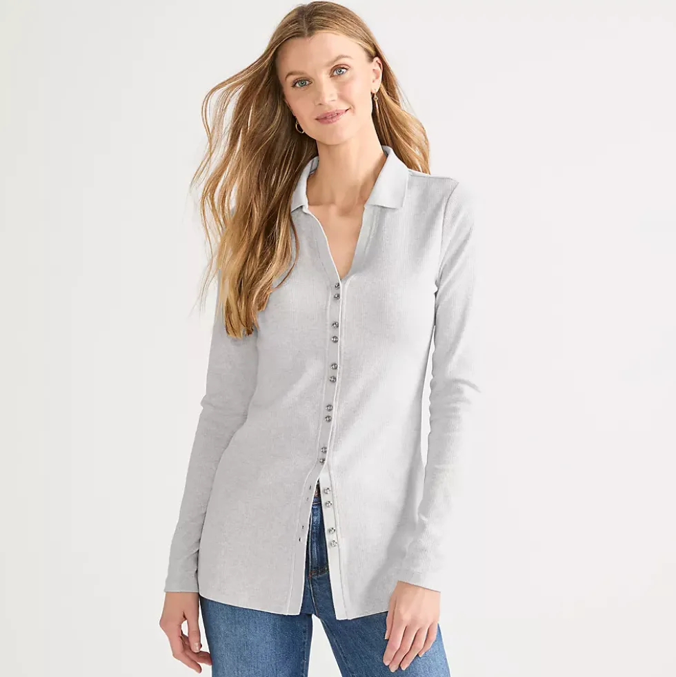 Women's Long Sleeve Polished Rib Button Through Tunic Shirt