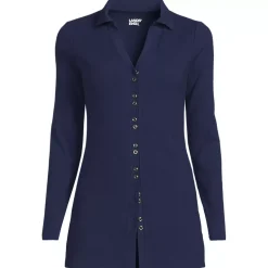 Women's Long Sleeve Polished Rib Button Through Tunic Shirt