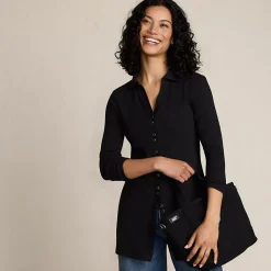 Women's Long Sleeve Polished Rib Button Through Tunic Shirt