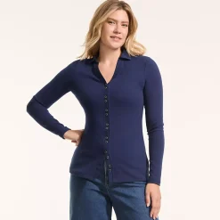 Women's Long Sleeve Polished Rib Button Through Tunic Shirt