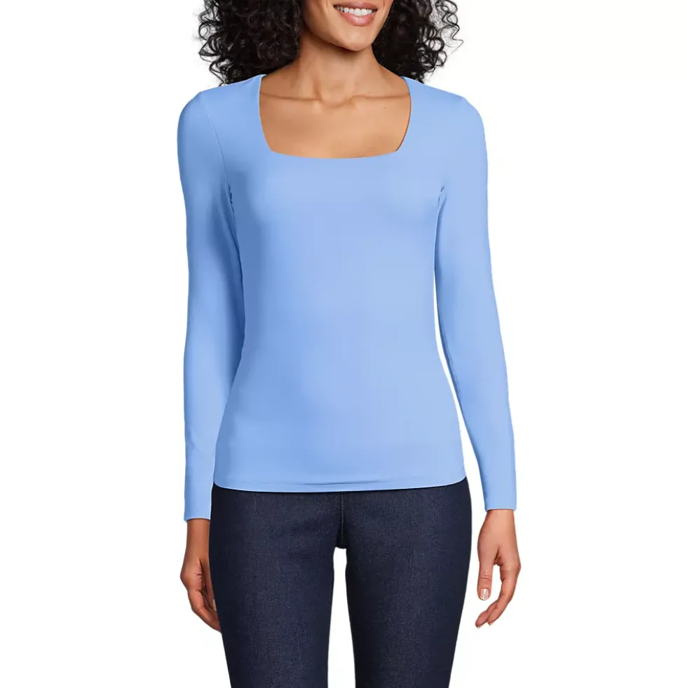 Women's Long Sleeve Tugless Double Layer Square Neck Knit Top