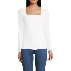 Women's Long Sleeve Tugless Double Layer Square Neck Knit Top