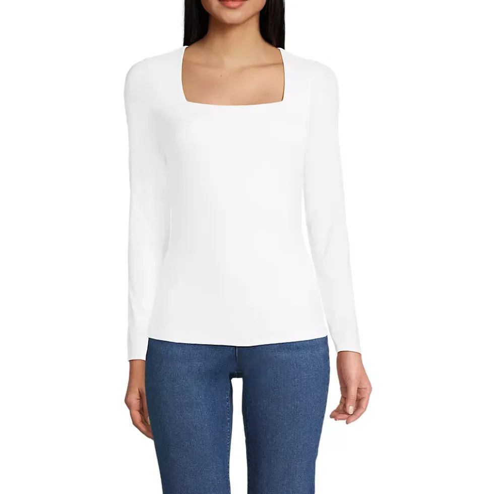 Women's Long Sleeve Tugless Double Layer Square Neck Knit Top