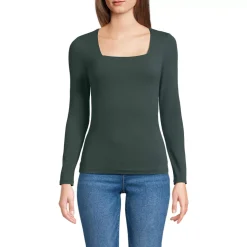 Women's Long Sleeve Tugless Double Layer Square Neck Knit Top
