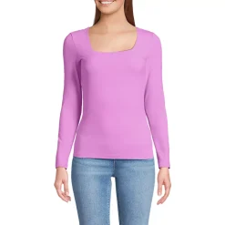 Women's Long Sleeve Tugless Double Layer Square Neck Knit Top