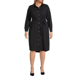 Women's Long Sleeve Twill Below Knee Belted Shirt Dress