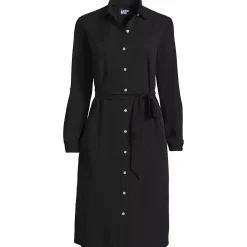 Women's Long Sleeve Twill Below Knee Belted Shirt Dress