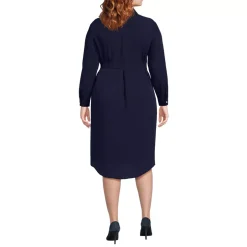 Women's Long Sleeve Twill Below Knee Belted Shirt Dress