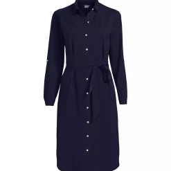 Women's Long Sleeve Twill Below Knee Belted Shirt Dress