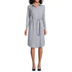 Women's Long Sleeve Twill Below The Knee Belted Print Shirt Dress