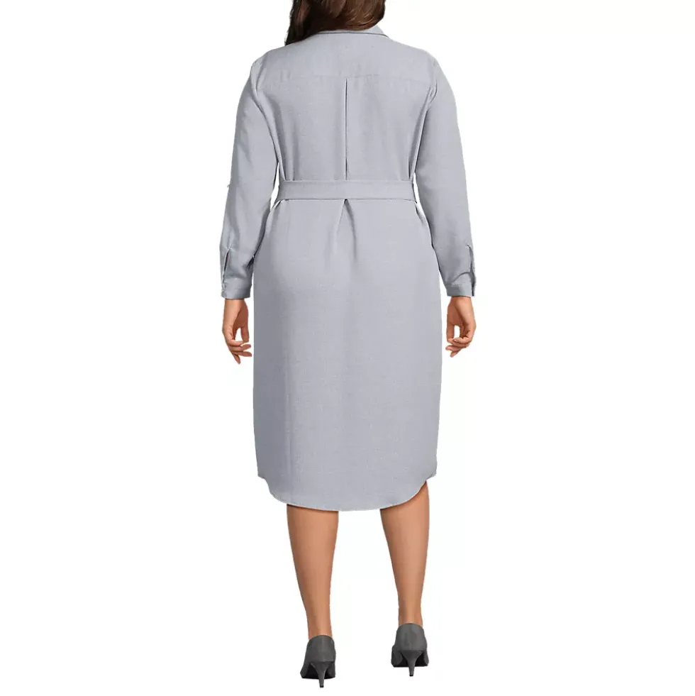 Women's Long Sleeve Twill Below The Knee Belted Print Shirt Dress
