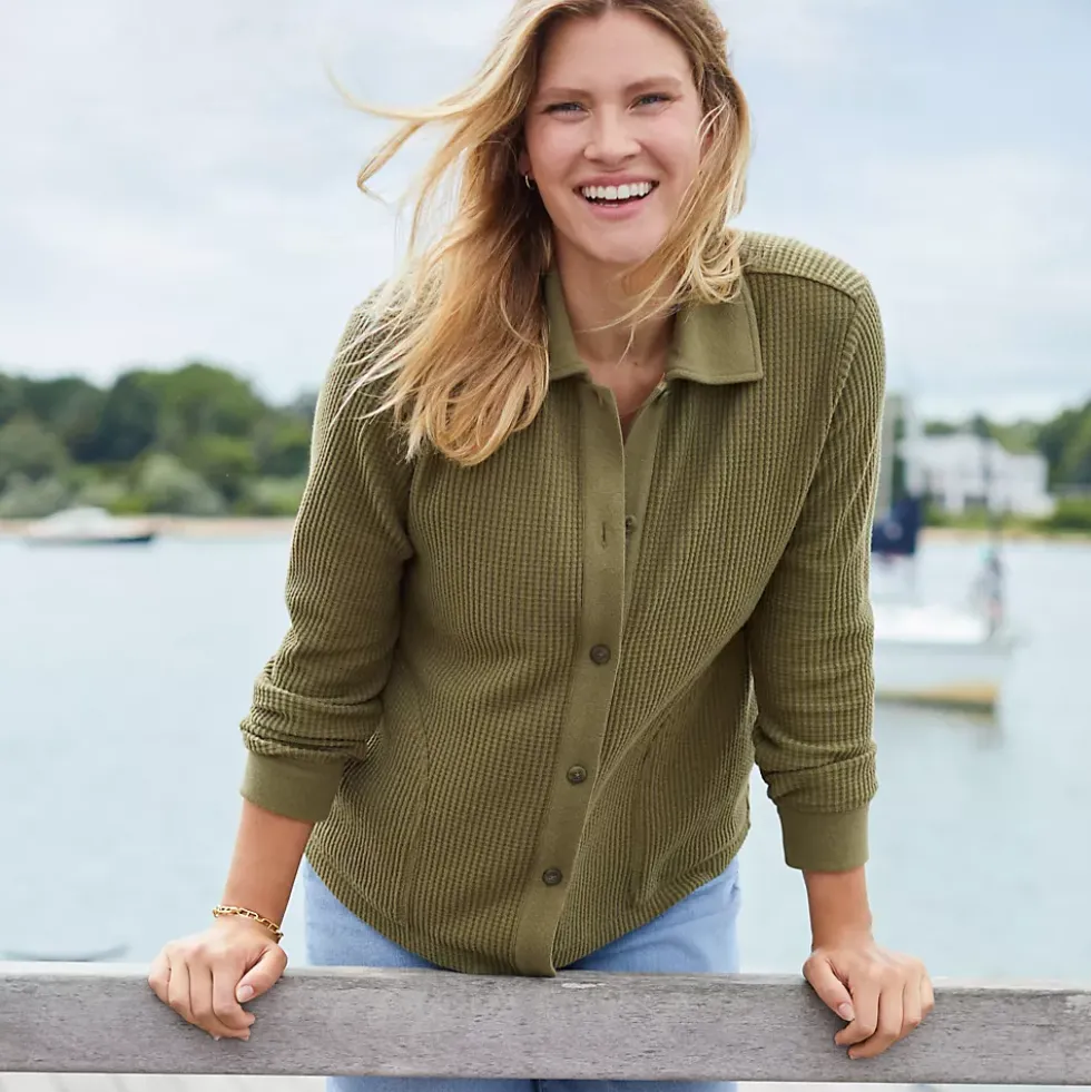 Women's Long Sleeve Waffle Collared Shacket