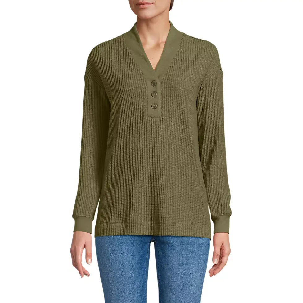 Women's Long Sleeve Waffle Shawl Collar Henley