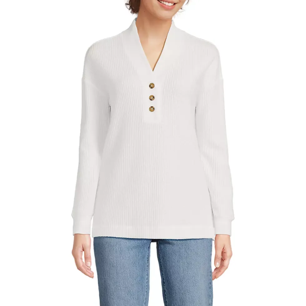 Women's Long Sleeve Waffle Shawl Collar Henley
