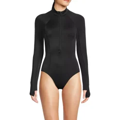Women's Mastectomy Tugless Long Sleeve Rash Guard One Piece Swimsuit