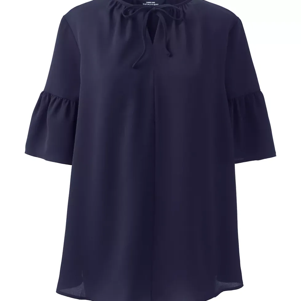 Women's Maternity Short Sleeve Tie Neck Crepe Blouse