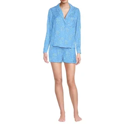 Women's Matte Satin 2 Piece Pajama Set - Long Sleeve Top and Shorts