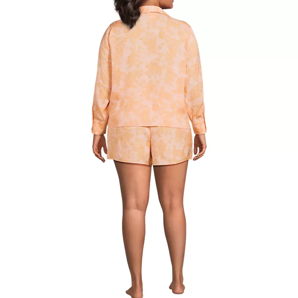 Women's Matte Satin 2 Piece Pajama Set - Long Sleeve Top and Shorts