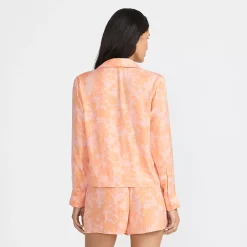 Women's Matte Satin 2 Piece Pajama Set - Long Sleeve Top and Shorts