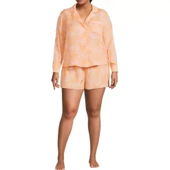 Women's Matte Satin 2 Piece Pajama Set - Long Sleeve Top and Shorts