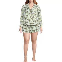 Women's Matte Satin 2 Piece Pajama Set - Long Sleeve Top and Shorts