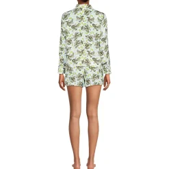 Women's Matte Satin 2 Piece Pajama Set - Long Sleeve Top and Shorts