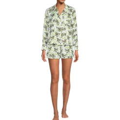 Women's Matte Satin 2 Piece Pajama Set - Long Sleeve Top and Shorts
