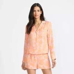 Women's Matte Satin 2 Piece Pajama Set - Long Sleeve Top and Shorts