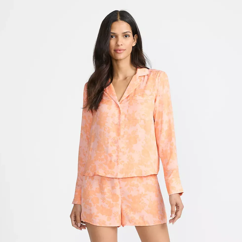 Women's Matte Satin 2 Piece Pajama Set - Long Sleeve Top and Shorts