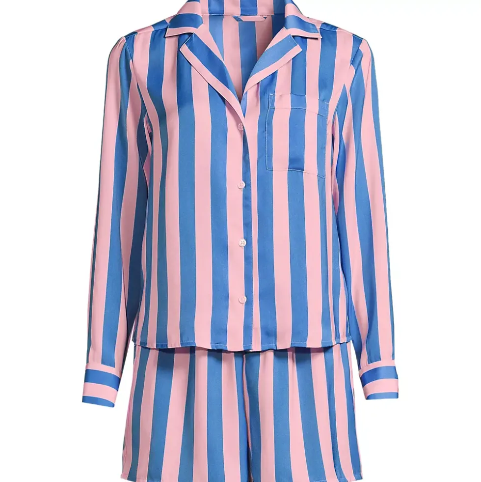 Women's Matte Satin 2 Piece Pajama Set - Long Sleeve Top and Shorts